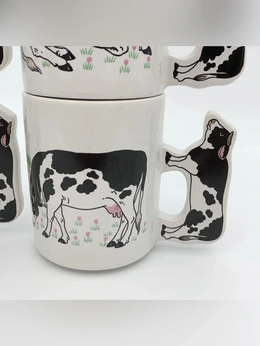 Vintage Enesco Cow Coffee Mug Cow-Shaped Handle FOUR {4} PIECE SET USED.